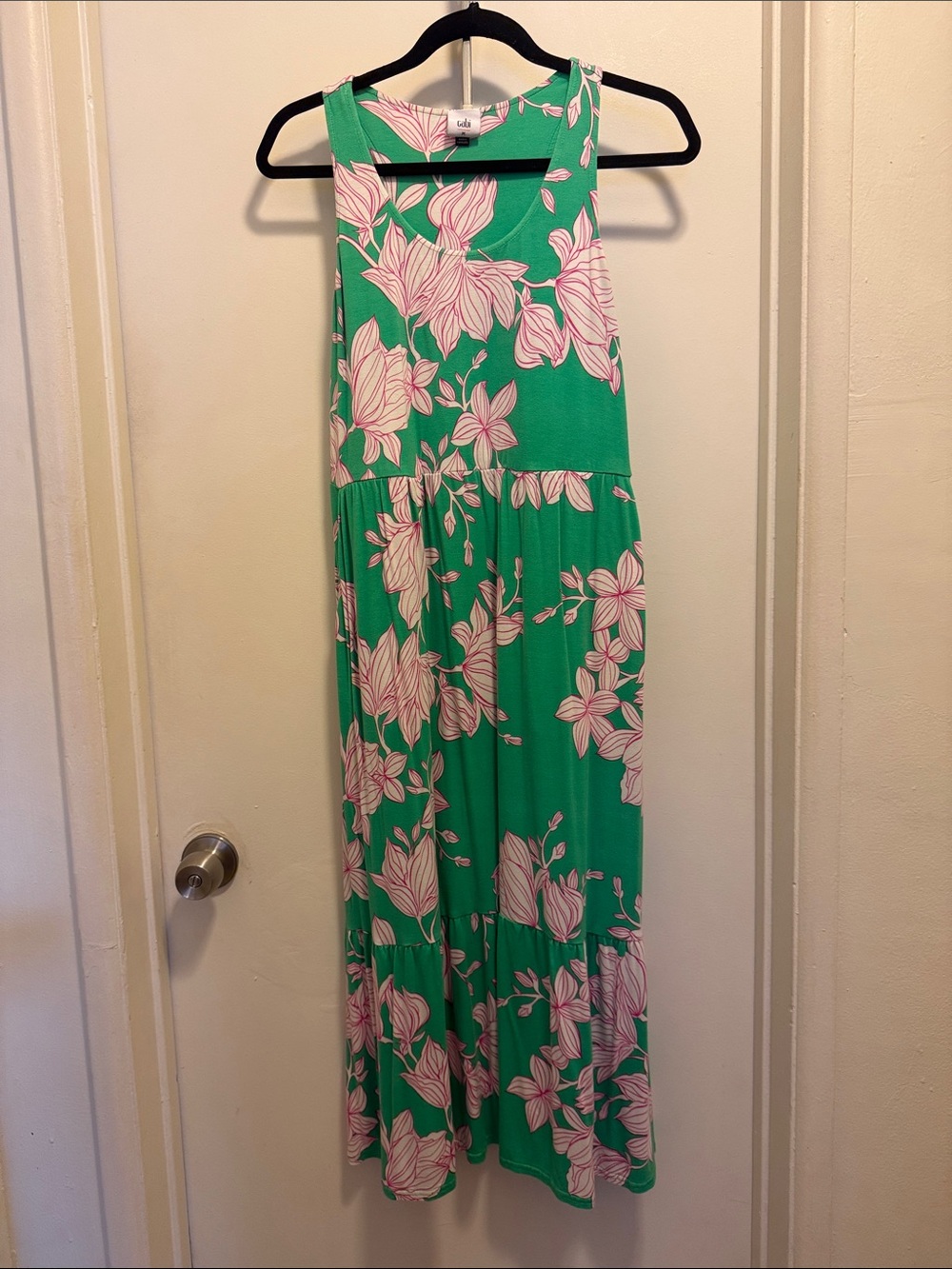 CAbi Green Maxi Dress with Pink Floral Print